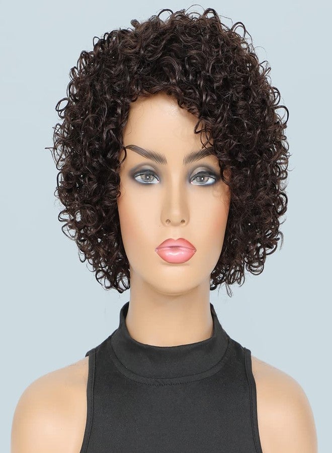 UDU Short Curly Human Hair Wigs For Black Women Dark Brown Human Hair Curly Wigs Non Lace Glueless Wigs Human Hair Side Part Wigs (2#) - Image 1